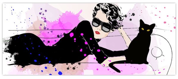 Tablou - Femeia cu pisică neagră (120x50 cm)