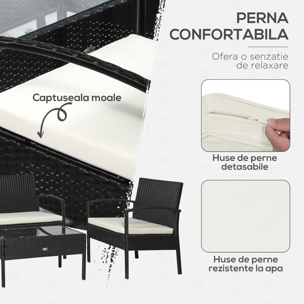 Outsunny Set Mobilier de Grădină din Ratan Negru 4 Piese cu Perne Confortabile 108x60x77cm Ideal pentru Terasă și Spații Exterioare | Aosom Romania
