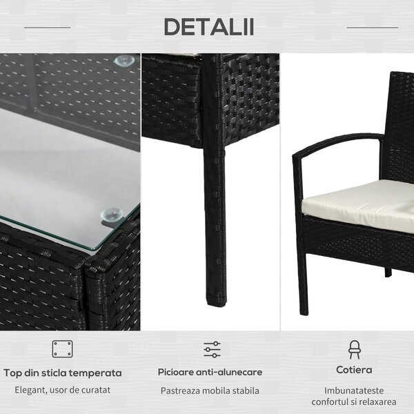 Outsunny Set Mobilier de Grădină din Ratan Negru 4 Piese cu Perne Confortabile 108x60x77cm Ideal pentru Terasă și Spații Exterioare | Aosom Romania