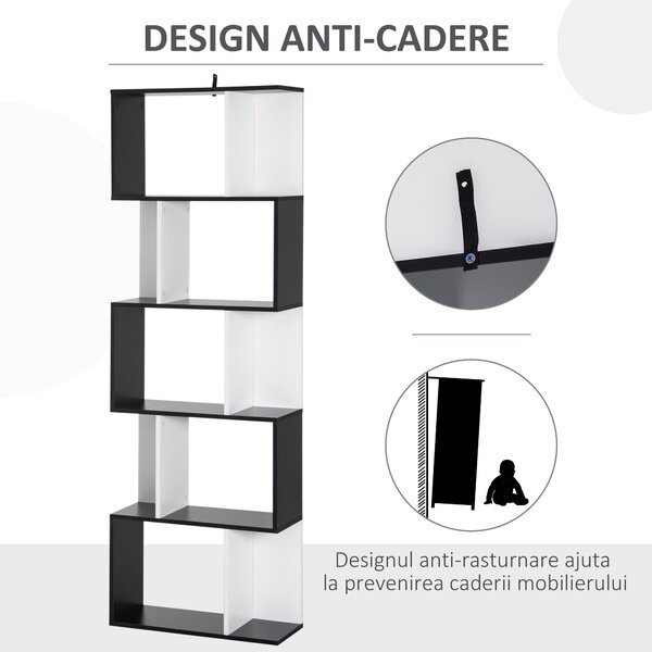 HOMCOM Bibliotecă de perete cu 5 rafturi, 60x24x184.5 cm, Alb și Negru | Aosom Romania