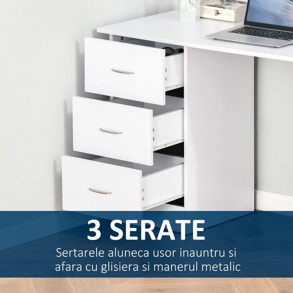 HOMCOM Birou modern alb cu 3 Sertare si Rafturi in Lemn 120x49x72cm