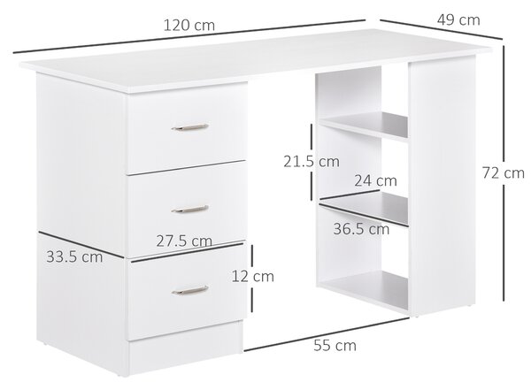 HOMCOM Birou modern alb cu 3 Sertare si Rafturi in Lemn 120x49x72cm
