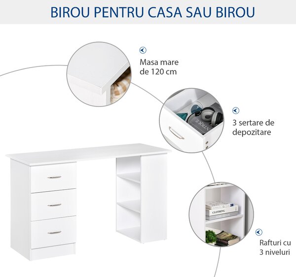 HOMCOM Birou modern alb cu 3 Sertare si Rafturi in Lemn 120x49x72cm