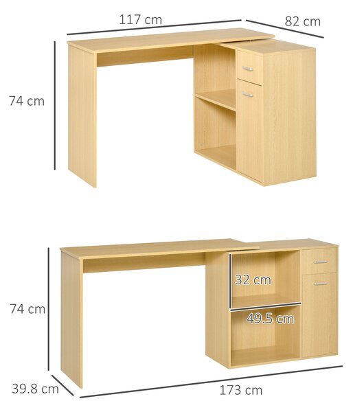 Homcom Birou Colt Elegant cu Rafturi Sertare, Stejar, 117x82x74cm | Aosom Romania