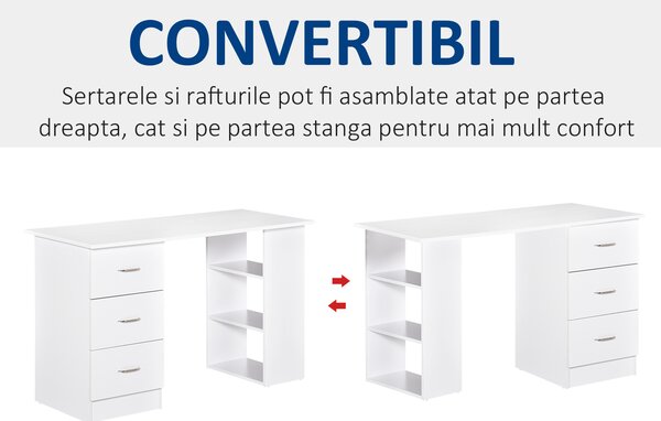 HOMCOM Birou modern alb cu 3 Sertare si Rafturi in Lemn 120x49x72cm