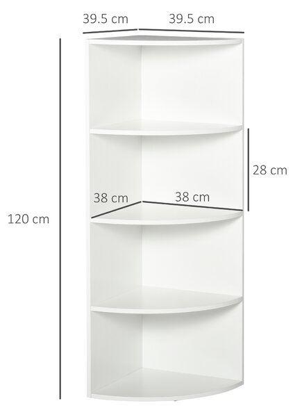 Homcom Bibliotecă Colt cu 4 Rafturi, Design Compact, Alb, 39.5x39.5x120 cm | Aosom Romania