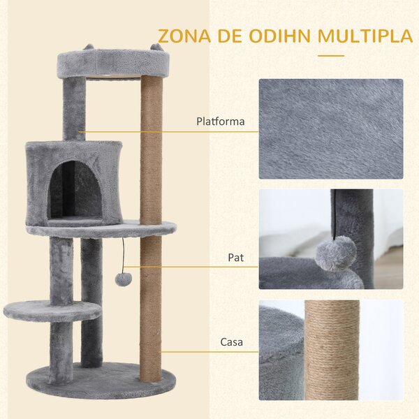Ansamblu de Joacă PawHut pentru Pisici, 3 Nivele cu Plus Moale, Gri, 48x48x104cm | Aosom Romania