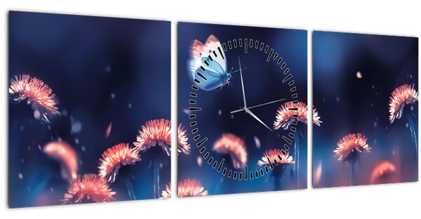 Tablou cu păpădii cu fluture albastru (cu ceas) (90x30 cm)