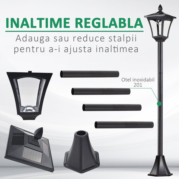 Outsunny Lanternă Solară pentru Grădină, Felinar LED cu Panouri Solare, Design Modern, 18x18x160 cm, Negru | Aosom Romania