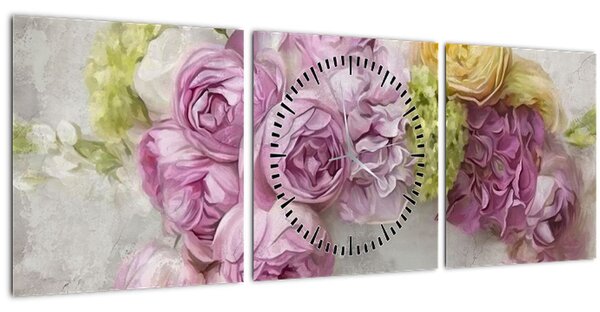 Tablou - Flori pe perete culorile pastel (cu ceas) (90x30 cm)