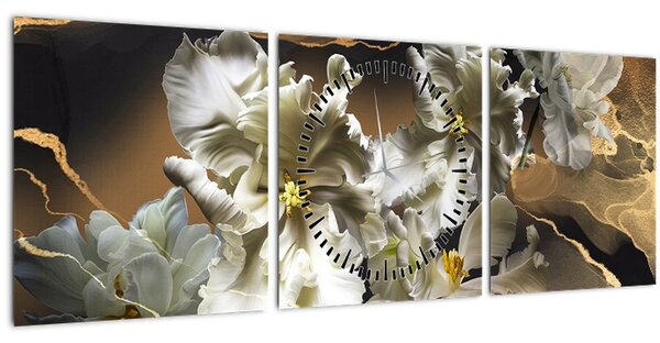 Tablou - Flori de orhidee pe fundal de marmură (cu ceas) (90x30 cm)