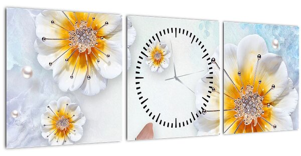 Tablou - Copoziția flori și fluturi (cu ceas) (90x30 cm)