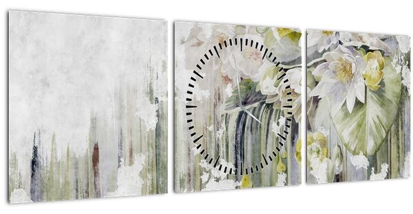 Tablou - Flori albe, vintage (cu ceas) (90x30 cm)