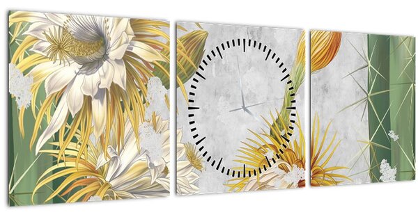 Tablou - Cactuși înfloriți, vintage (cu ceas) (90x30 cm)