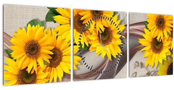 Tablou - Flori strălucitoare de floare soarelui (cu ceas) (90x30 cm)