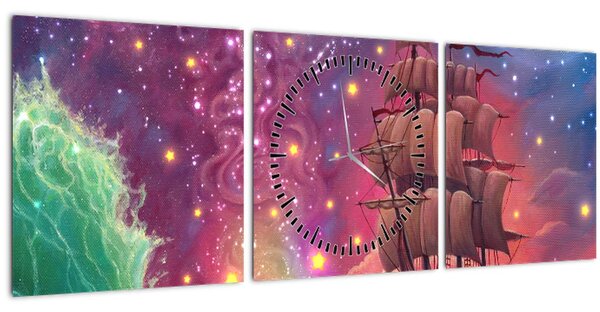 Tablou - Cerul spațial cu navă (cu ceas) (90x30 cm)