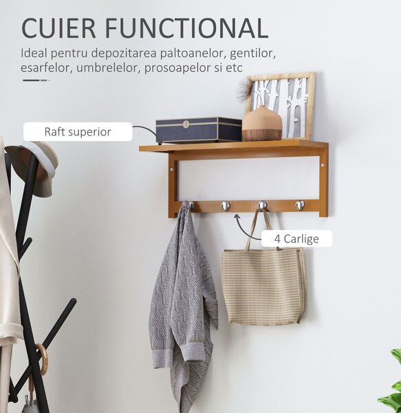 HOMCOM Cuier de Perete Raft Cuier in Bambù, 50x17x20cm | Aosom Romania