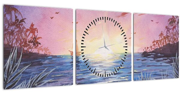 Tablou - Apus de soare deasupra apei, aquarelă (cu ceas) (90x30 cm)