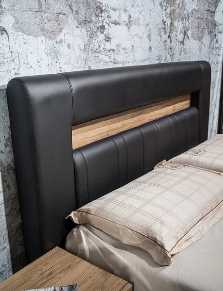 Dormitor MOZART, stejar & negru, pat 160x200 cm, dulap cu 2 usi, 2 noptiere, comoda cu 1 usa si 3 sertare, oglinda, iluminare led, somiera cadou