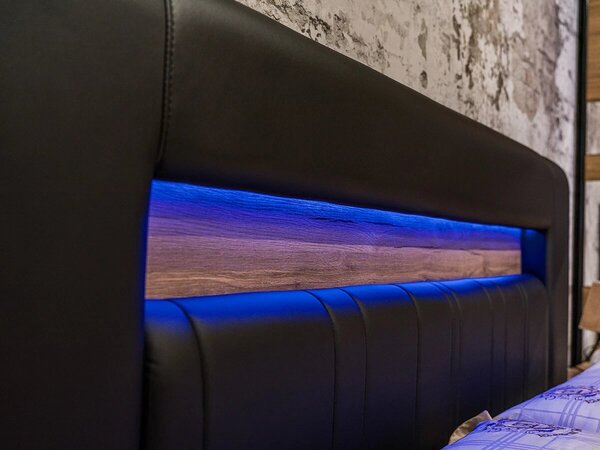 Dormitor MOZART, stejar & negru, pat 160x200 cm, dulap cu 2 usi, 2 noptiere, comoda cu 1 usa si 3 sertare, oglinda, iluminare led, somiera cadou