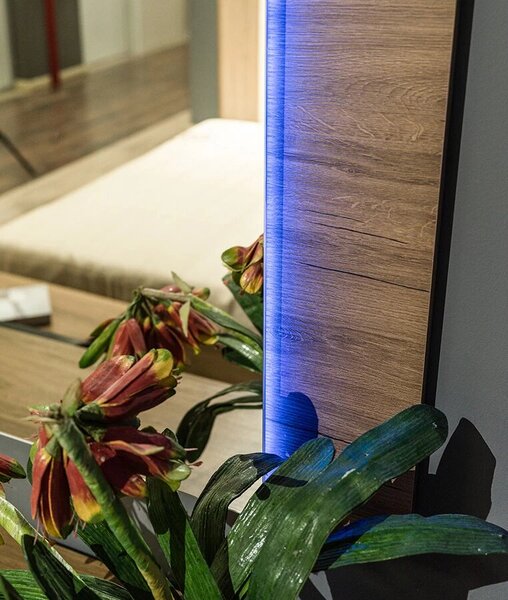 Dormitor MOZART, stejar & negru, pat 160x200 cm, dulap cu 2 usi, 2 noptiere, comoda cu 1 usa si 3 sertare, oglinda, iluminare led, somiera cadou