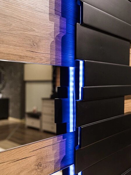 Dormitor MOZART, stejar & negru, pat 160x200 cm, dulap cu 2 usi, 2 noptiere, comoda cu 1 usa si 3 sertare, oglinda, iluminare led, somiera cadou