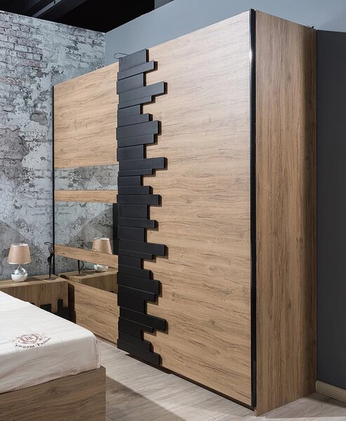 Dormitor MOZART, stejar & negru, pat 160x200 cm, dulap cu 2 usi, 2 noptiere, comoda cu 1 usa si 3 sertare, oglinda, iluminare led, somiera cadou