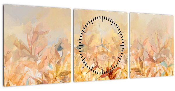 Tablou - Frunze în culori de toamnă, pictură în ulei (cu ceas) (90x30 cm)