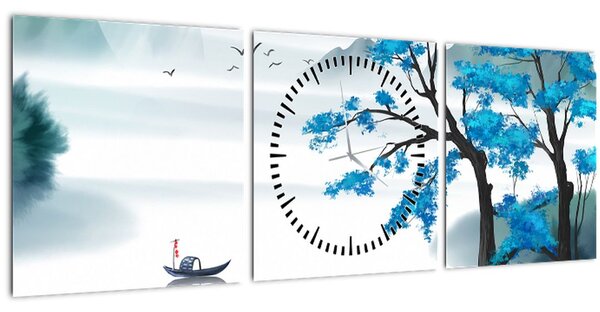 Tablou - Pictură, lac cu barcă (cu ceas) (90x30 cm)