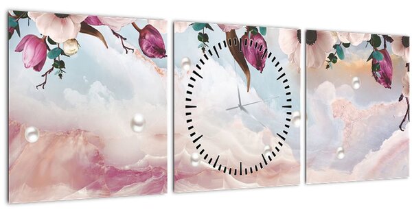 Tablou - Flori roz și marmură roz (cu ceas) (90x30 cm)