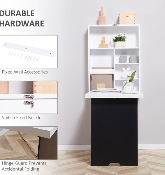 Masa pliabila cu dulap de perete si spatiu de depozitare, alb si negru 60x88.5x146.5cm HOMCOM | Aosom Romania