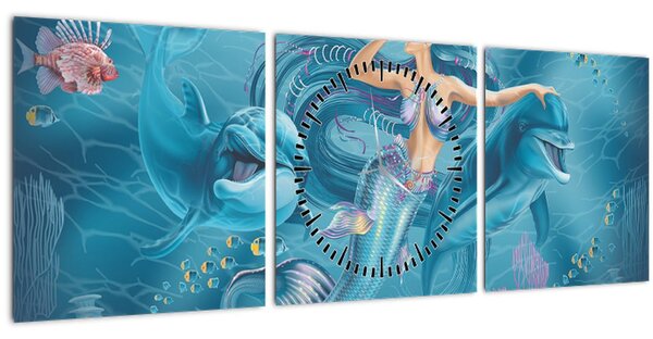 Tablou - Sirenă cu delfini (cu ceas) (90x30 cm)