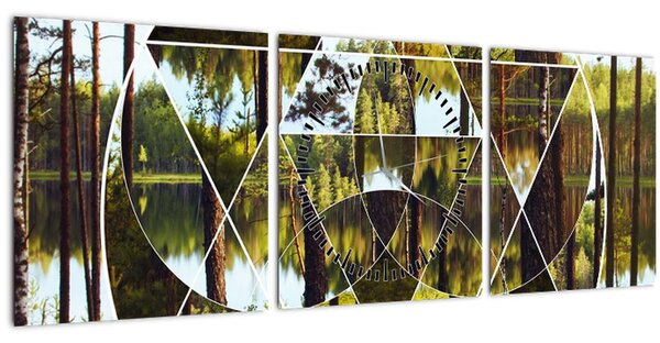 Tablou - Colaj geometric pe fundalul pădurilor nordice (cu ceas) (90x30 cm)