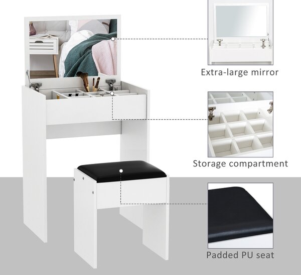 Masa de Machiaj cu Scaun si Container pentru depozitare si Oglinda Pliabila Alba 60,2x40,2x79cm HOMCOM | Aosom Romania