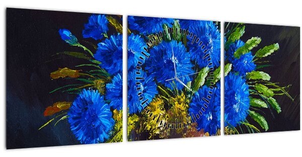 Tablou - Flori albastre în vază (cu ceas) (90x30 cm)