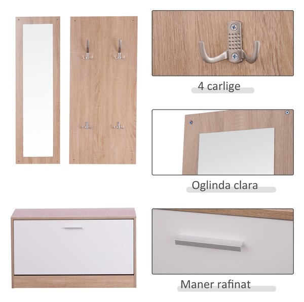 HOMCOM Set 3 Piese Dulap Pantofi cu Cuier si Oglinda pentru Hol in Lemn, 80x27x46.5cm | Aosom Romania