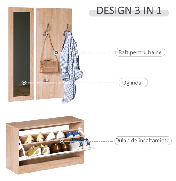 HOMCOM Set 3 Piese Dulap Pantofi cu Cuier si Oglinda pentru Hol in Lemn, 80x27x46.5cm | Aosom Romania