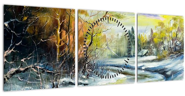 Tablou - Râu de iarnă, pictură în ulei (cu ceas) (90x30 cm)
