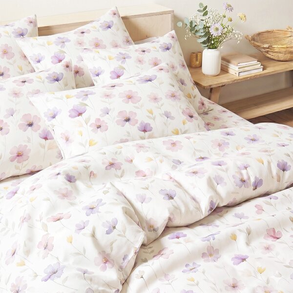 Goldea lenjerie de pat din bumbac satinat - flori violete 140 x 200 și 50 x 70 cm