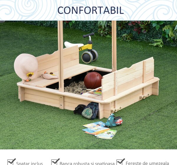 Outsunny Nisipar Lemnos pentru Copii, cu Acoperiș Parasolar, Bancă Integrată și Capac, Design Ergonomic | Aosom Romania