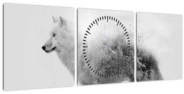 Tablou - Lupul arctic oglindit în peisajul sălbatic, alb-negru (cu ceas) (90x30 cm)