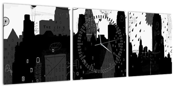 Tablou - Oraș cu inscripții și modele (cu ceas) (90x30 cm)