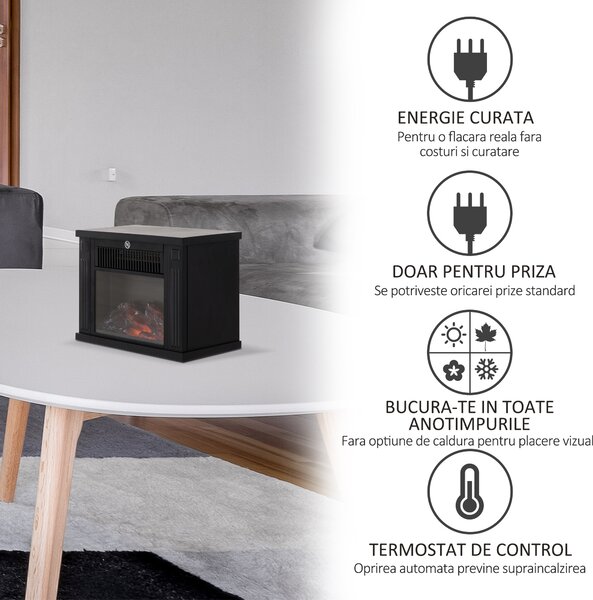 Șemineu Electric de PodeaPutere 600W/1200W din Plastic și Sticlă Temperată Negru, 34x17x25cm HOMCOM | Aosom Romania