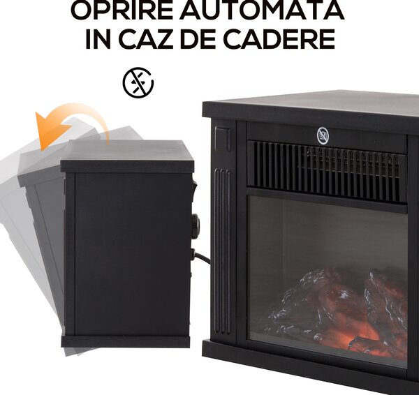 Șemineu Electric de PodeaPutere 600W/1200W din Plastic și Sticlă Temperată Negru, 34x17x25cm HOMCOM | Aosom Romania