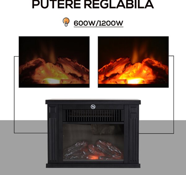 Șemineu Electric de PodeaPutere 600W/1200W din Plastic și Sticlă Temperată Negru, 34x17x25cm HOMCOM | Aosom Romania
