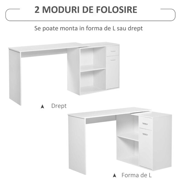 HOMCOM Birou Unghiular Versatil cu Raft, Design Modern, Alb, 117x82x74 cm | Aosom Romania