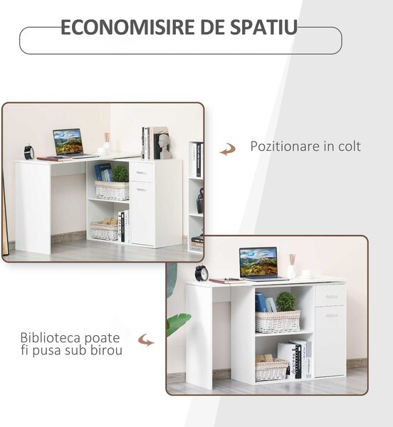 HOMCOM Birou Unghiular Versatil cu Raft, Design Modern, Alb, 117x82x74 cm | Aosom Romania