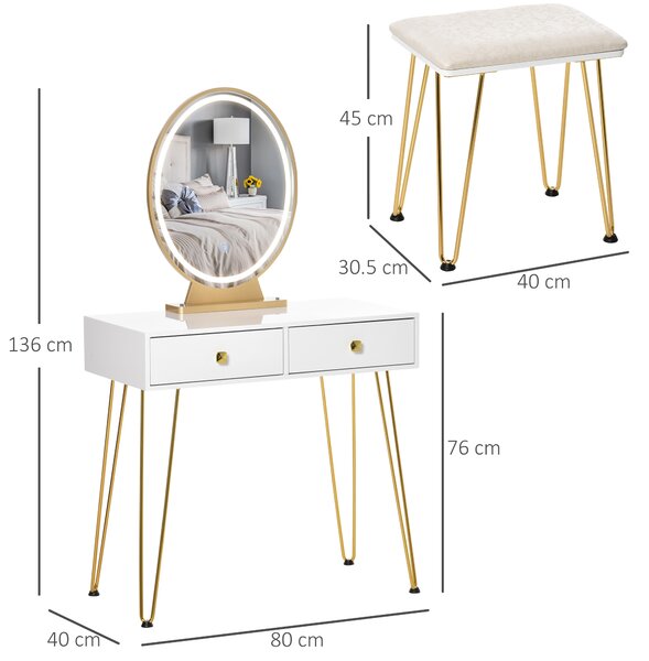 HOMCOM Masă de Toaletă cu Oglindă și Lumini Tip LED, Masă de Machiaj în Stil Industrial cu Taburet, 80x40x136 cm, Alb | Aosom Romania
