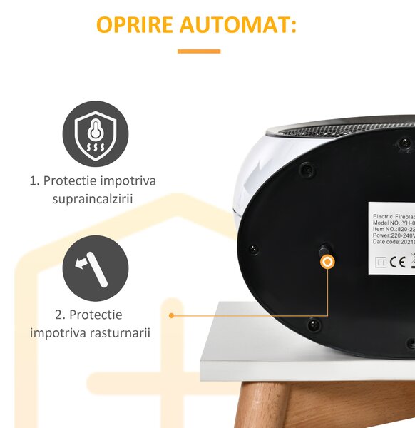 Semineu electric cu efect flacara, rotativ si portabil, incalzitor cu acoperire 10-15m² HOMCOM | Aosom Romania