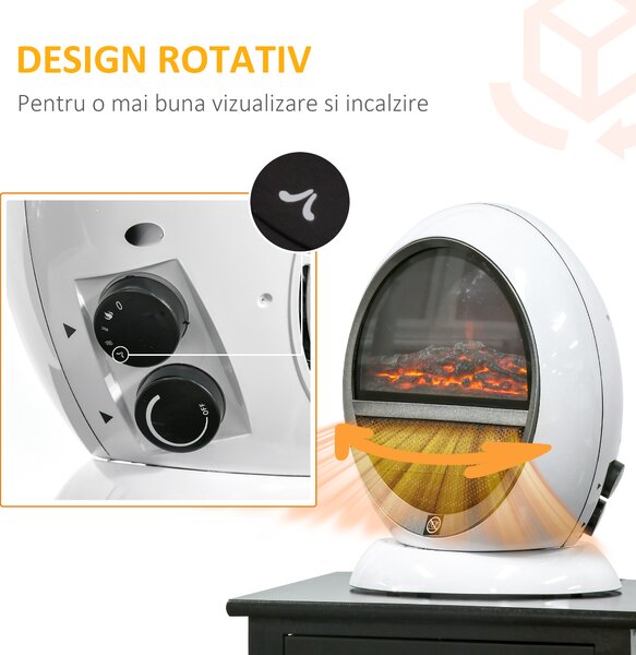 Semineu electric cu efect flacara, rotativ si portabil, incalzitor cu acoperire 10-15m² HOMCOM | Aosom Romania